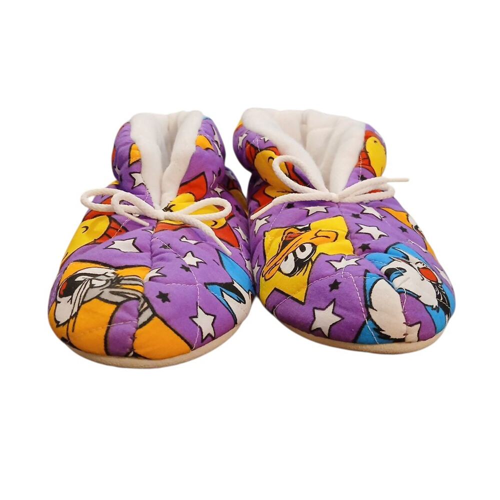 Vtg Looney Tunes Warner Bros Quilted Purple Slippers Shoes Bugs Tweety Daffy XL - Picture 3 of 9